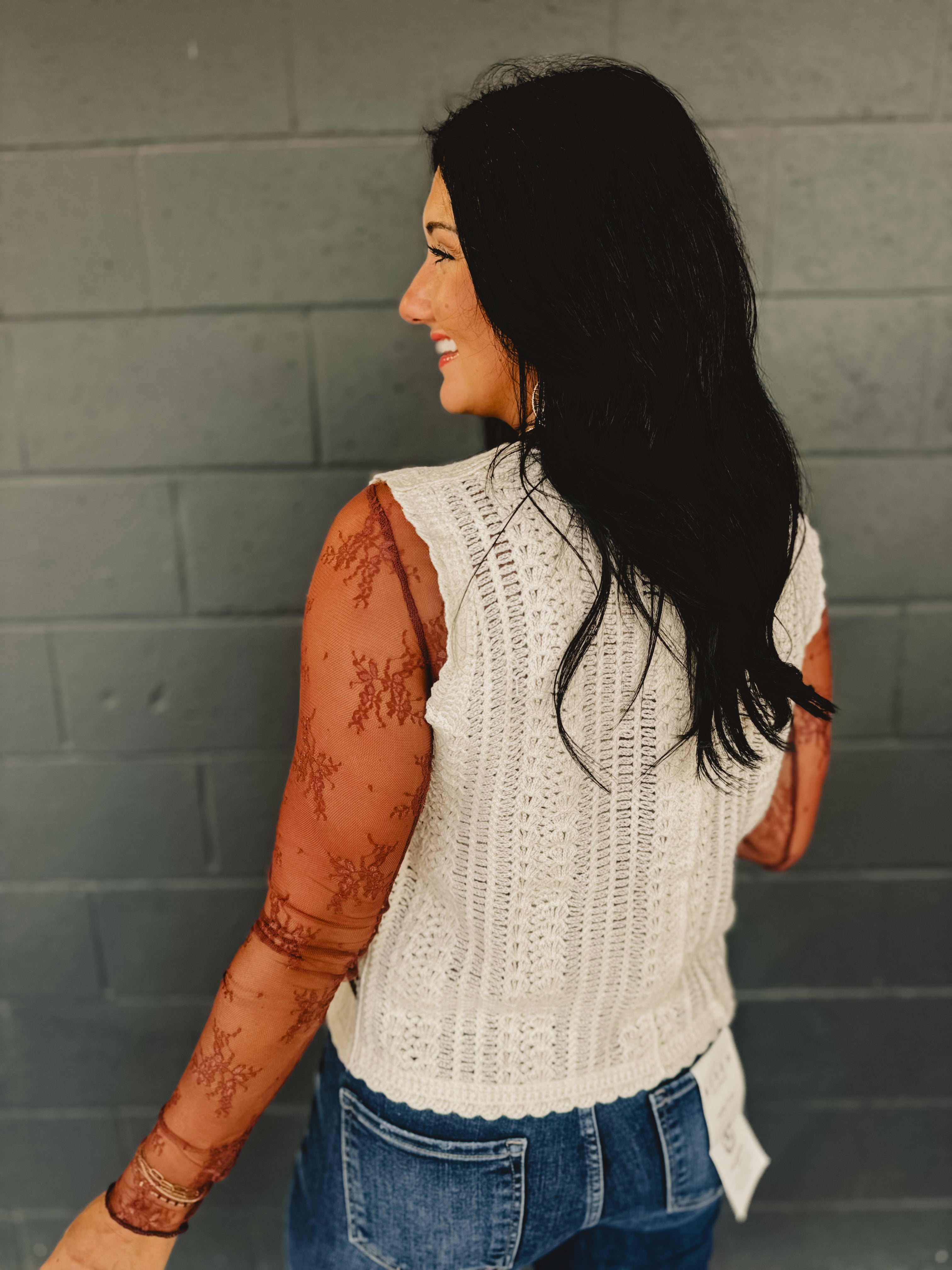 Floral Crochet Button Sweater Vest - Cream/Brown Floral Crochet Button Sweater Vest - Cream/Brown