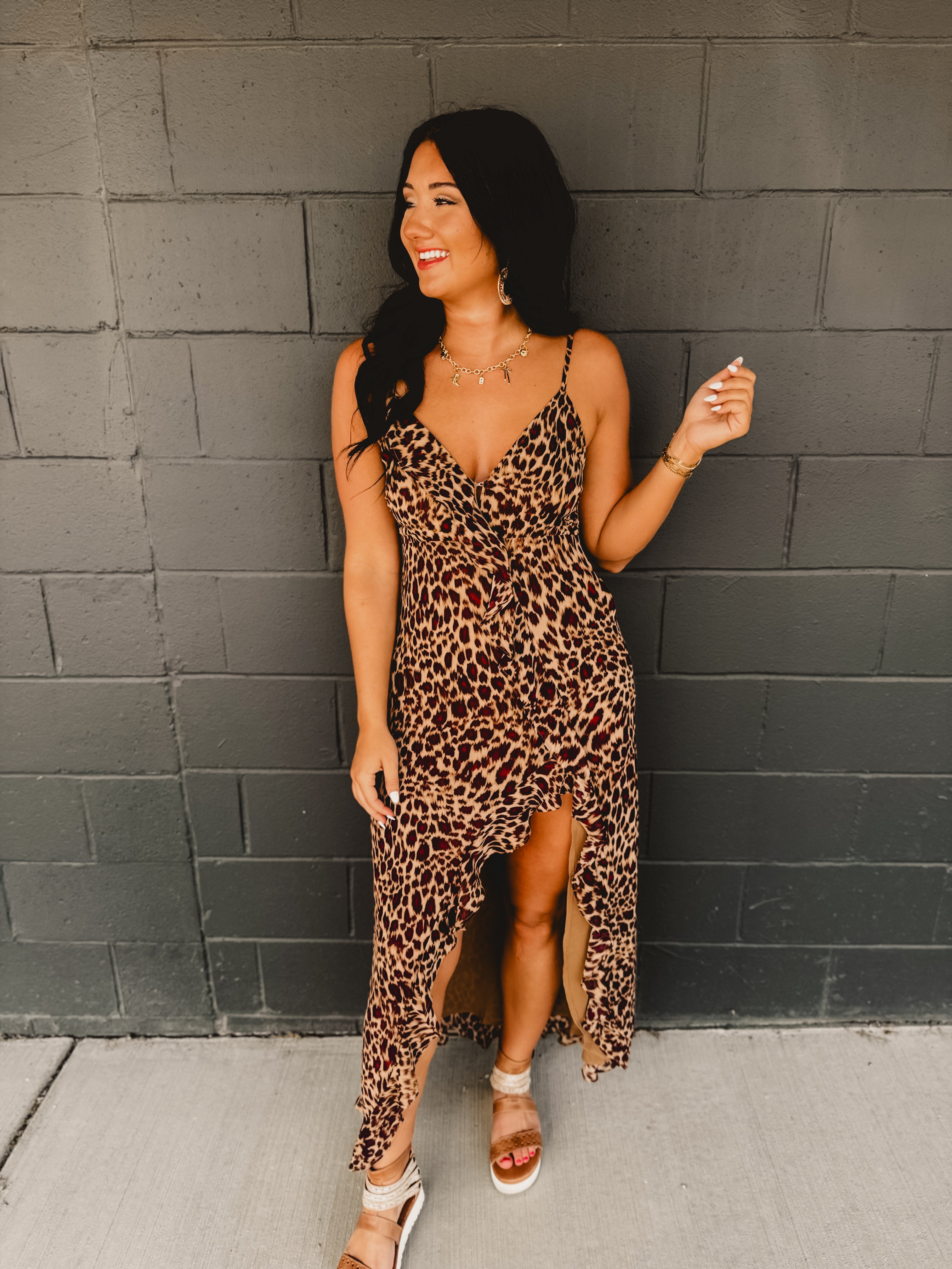 Leopard Ruffle Asymmetrical Midi Dress